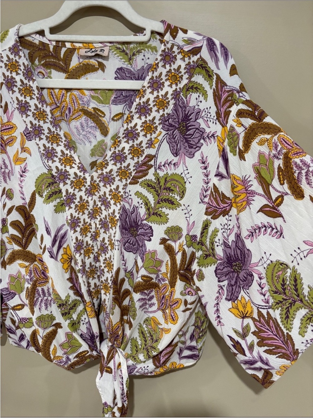 V-Neck Tie-Front Floral Blouse in White with Purple & Olive - Picture 2 of 3